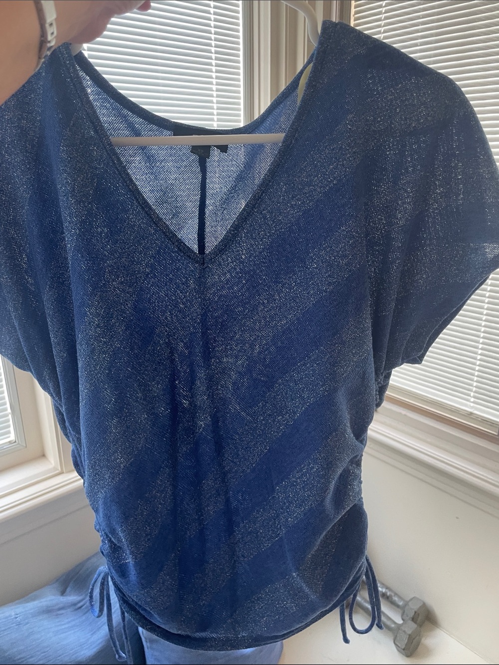 BCX Blue Metallic Stripe V-Neck Ruched Short Sleeve Top - Picture 6 of 6